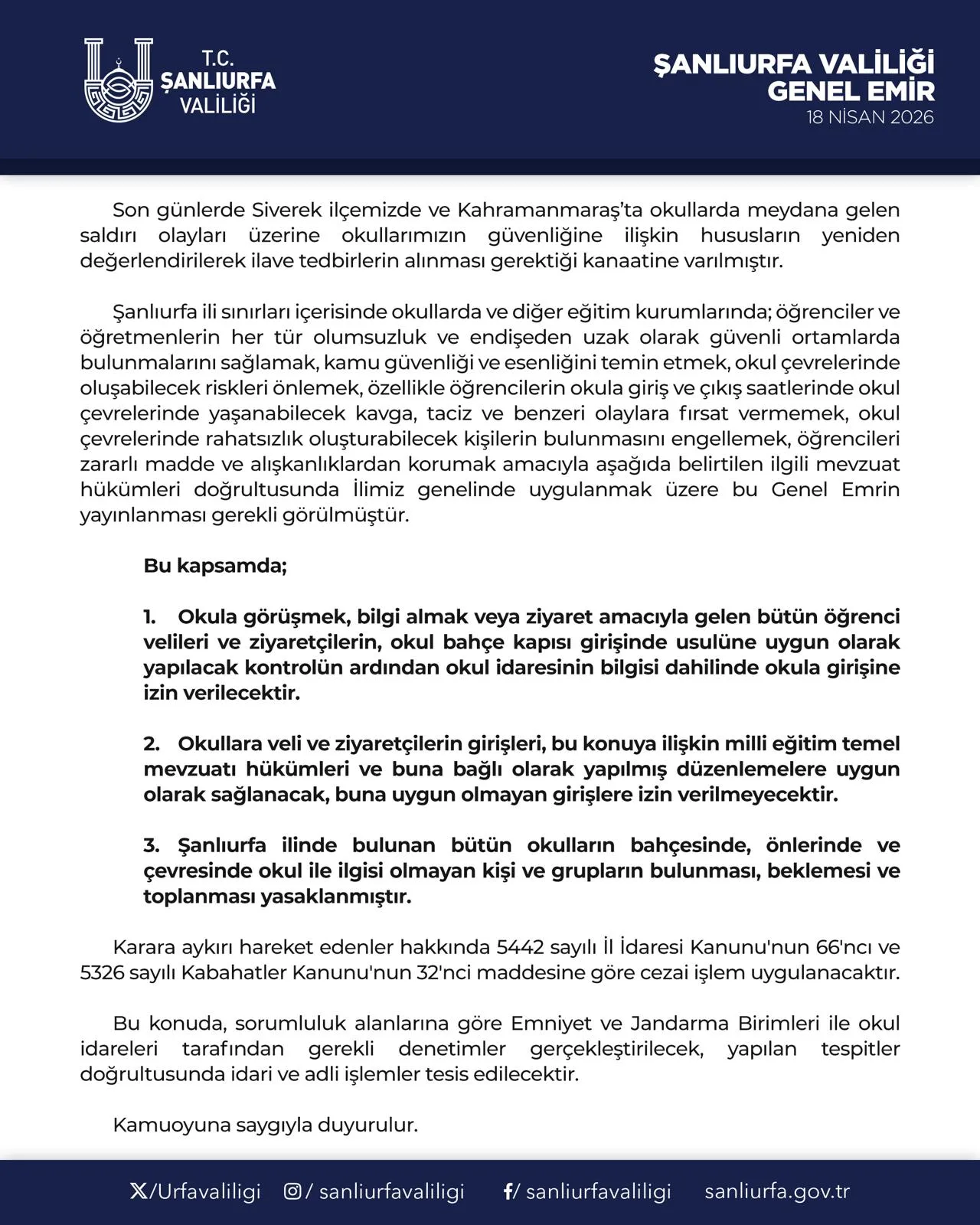 Şanlıurfa Valilik Açıklaması