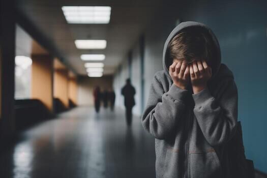 Ai Generated Upset Boy Covered His Face With Hands Standing Alone In School Corridor Learning Difficulties Emotions Bullying In School Photo