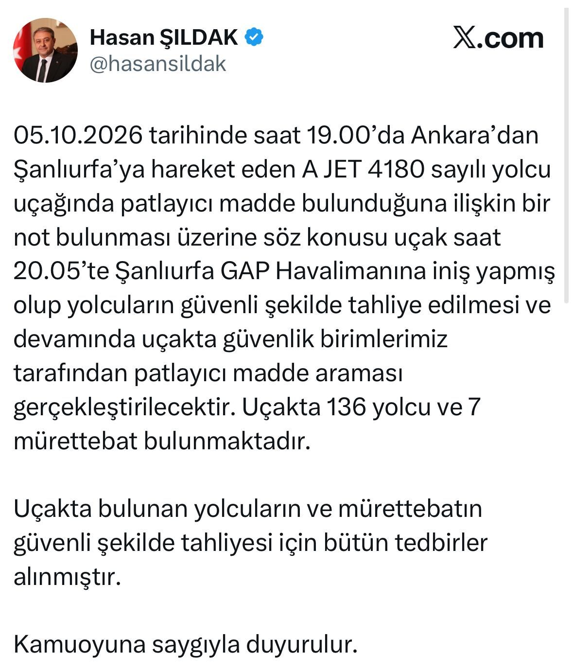 Ankara Şanlıurfa Uçağında Bomba Ihbarı