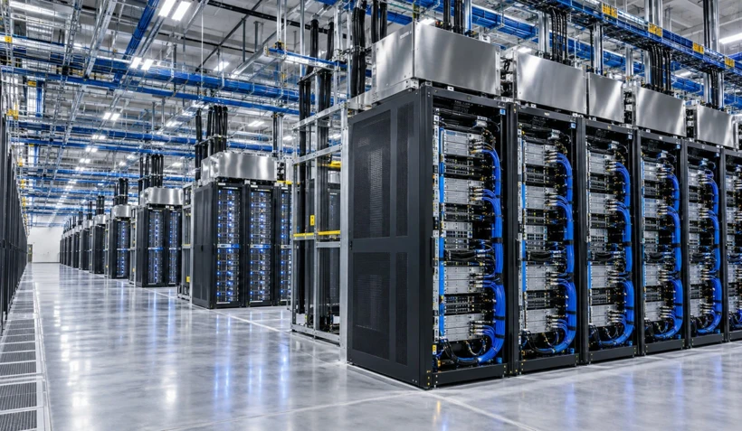 Sunucu dolaplarının sıralandığı büyük bir veri merkezi
