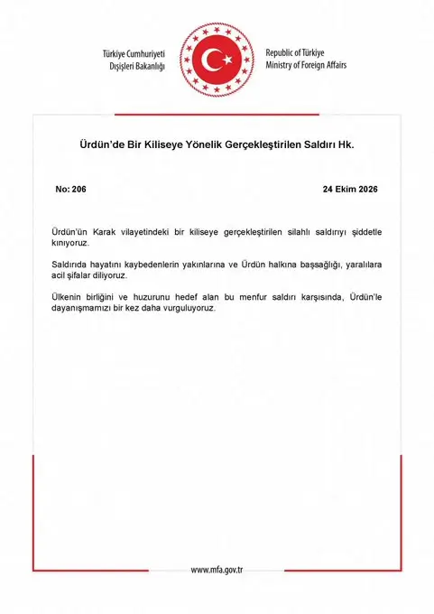 Dışişleri Bakanlığı'ndan Ürdün'deki Kilise Saldırısına Kınama