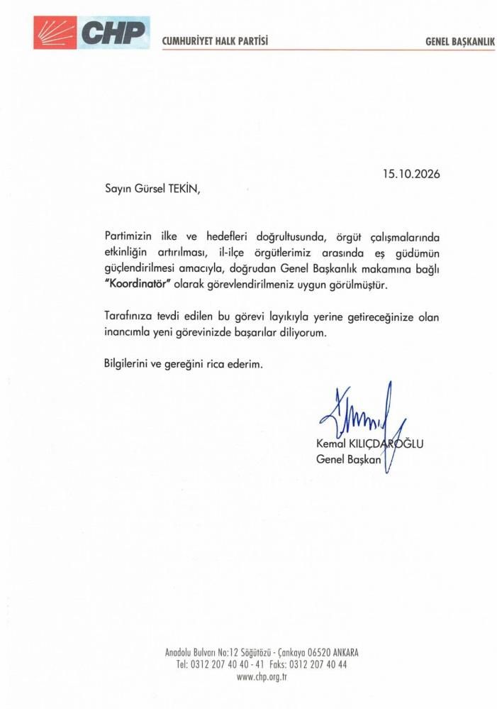 Gürsel Tekin, Genel Başkanlık Makamına Bağlı Koordinatör Görevine Getirildi