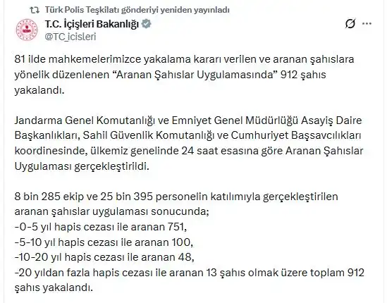 İçişleri Bakanlığı Açıkladı 81 Ilde Eş Zamanlı Operasyon! Aranan 912 Kişi Yakalandı (2)