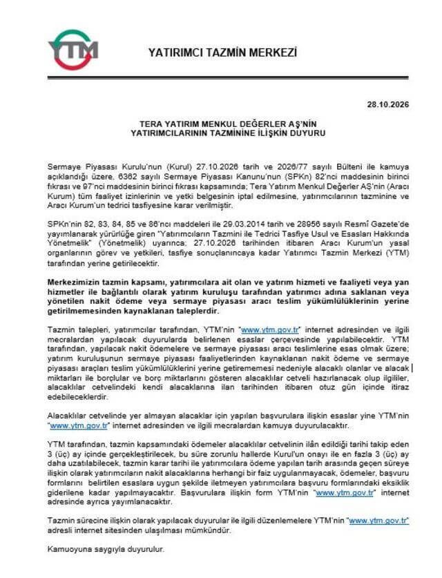 Yatırımcı Tazmin Merkezi Açıklama